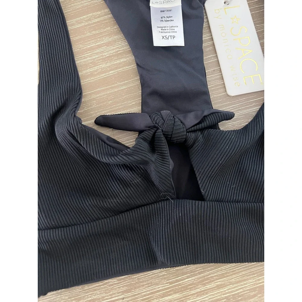 L*Space Tara Ribbed Bikini Top Black XS/TP Tie Front Racerback Swimsuit‎